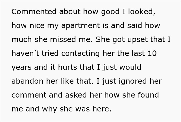 Text conversation about a mom's unannounced visit after years, expressing hurt over lack of contact. Text conversation about a mom's unannounced visit after years, expressing hurt over lack of contact.