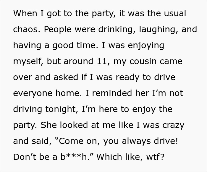 Text describing family New Year's Eve drama with a dispute over driving responsibilities. Text describing family New Year's Eve drama with a dispute over driving responsibilities.