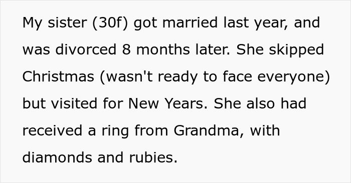 Text about sisters, marriage, and a grandmother's heirloom ring with diamonds and rubies. Text about sisters, marriage, and a grandmother's heirloom ring with diamonds and rubies.