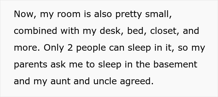 Text discussing a small room, parents suggesting a teen sleep in a cold basement so guests are comfortable. Text discussing a small room, parents suggesting a teen sleep in a cold basement so guests are comfortable.