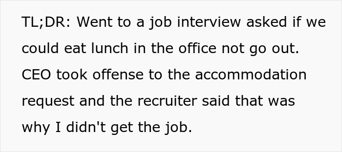 Text discussing a job interview where preferring office lunch led to rejection. Text discussing a job interview where preferring office lunch led to rejection.