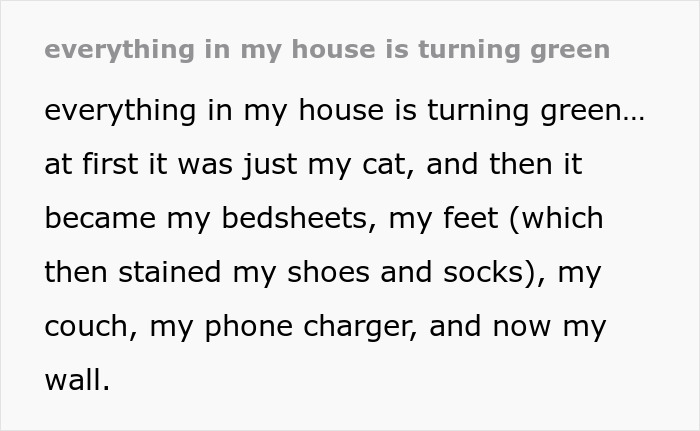 Text describes various items in a home turning green, causing stains on furniture and personal belongings. Text describes various items in a home turning green, causing stains on furniture and personal belongings.