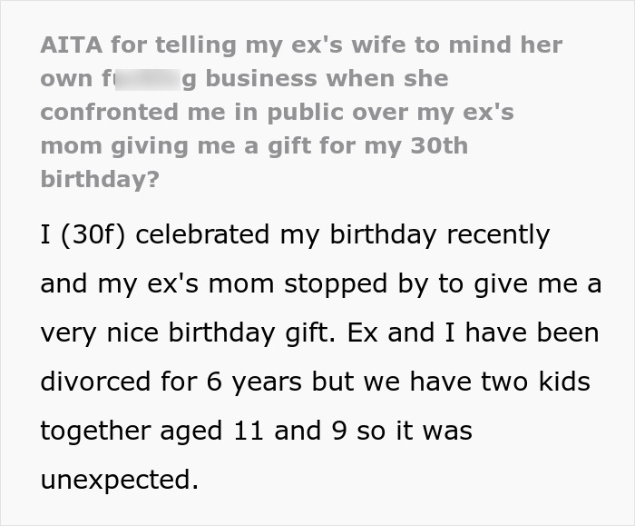 Text exchange about ex-MIL gifting a bracelet for 30th birthday, causing fuss with ex's new wife. Text exchange about ex-MIL gifting a bracelet for 30th birthday, causing fuss with ex's new wife.