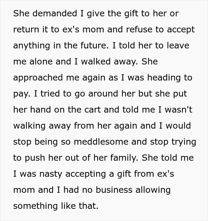 Text description discussing a conflict over a bracelet given as a birthday gift by an ex-mother-in-law. Text description discussing a conflict over a bracelet given as a birthday gift by an ex-mother-in-law.