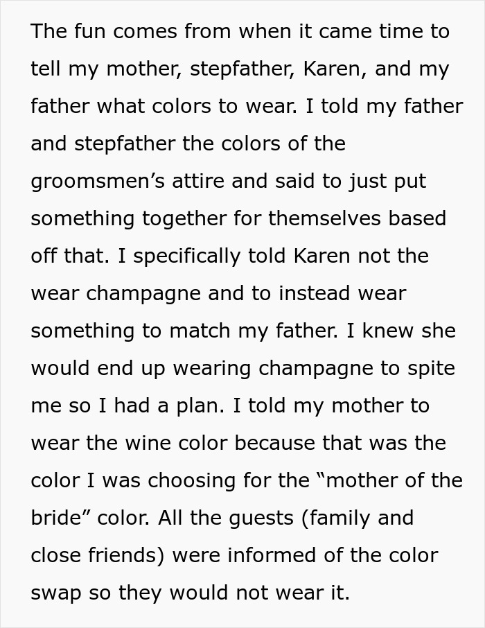 Text describing stepmom wearing champagne color to upstage bride at wedding. Text describing stepmom wearing champagne color to upstage bride at wedding.