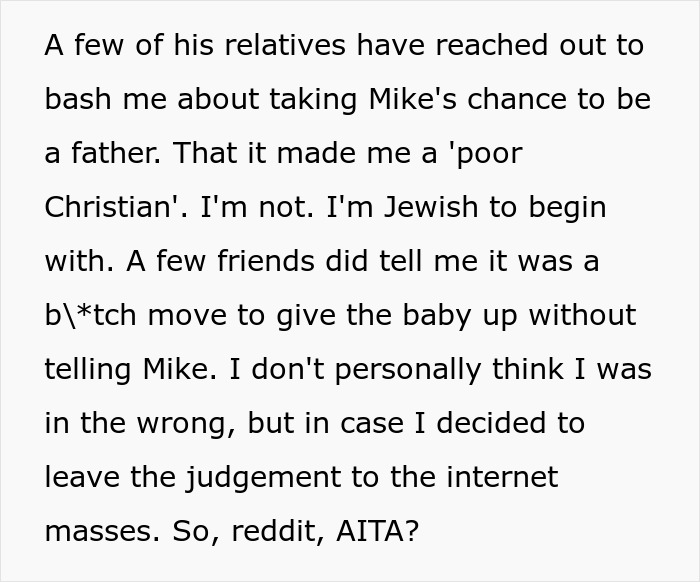 Text screenshot discussing pregnancy, adoption, and relationship issues on Reddit. Text screenshot discussing pregnancy, adoption, and relationship issues on Reddit.