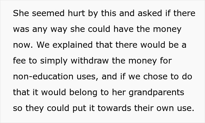 Text discussing college fund issues for daughter, limitations on withdrawing money for non-education purposes. Text discussing college fund issues for daughter, limitations on withdrawing money for non-education purposes.