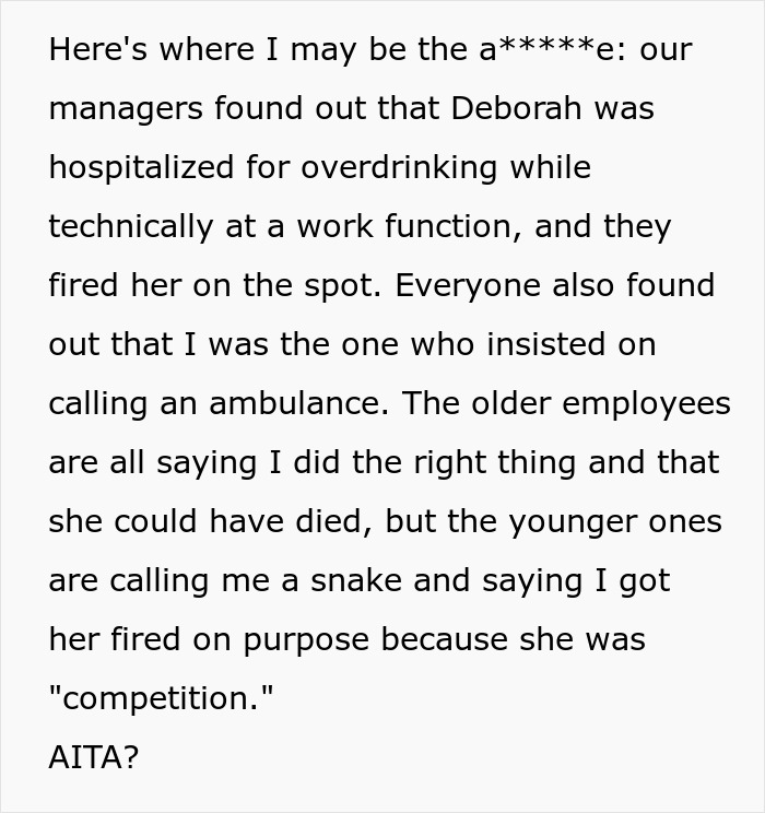 Text discussing coworker fired after an ambulance was called for overdrinking at a work event. Text discussing coworker fired after an ambulance was called for overdrinking at a work event.