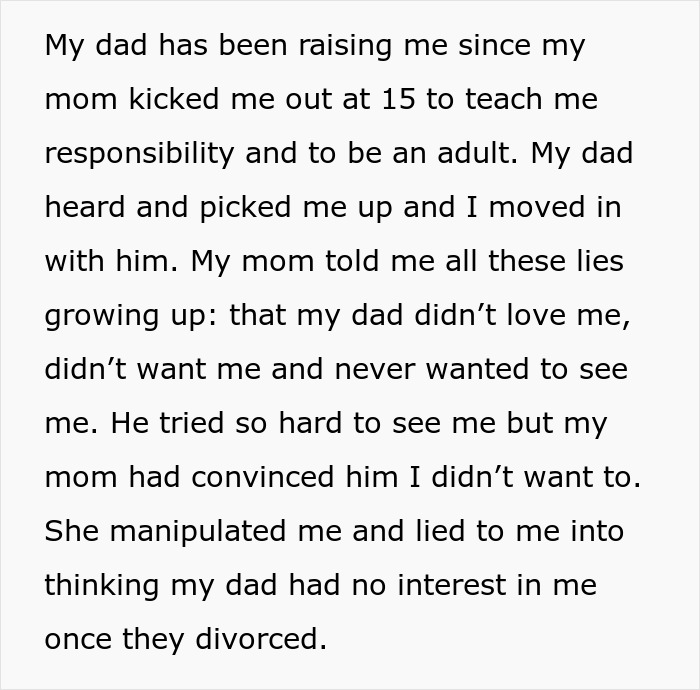 Text about a mom manipulating her child by saying the father didn't want them after the parents' divorce. Text about a mom manipulating her child by saying the father didn't want them after the parents' divorce.