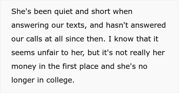 Text on image discussing unfairness as daughter struggles to pay for college. Text on image discussing unfairness as daughter struggles to pay for college.