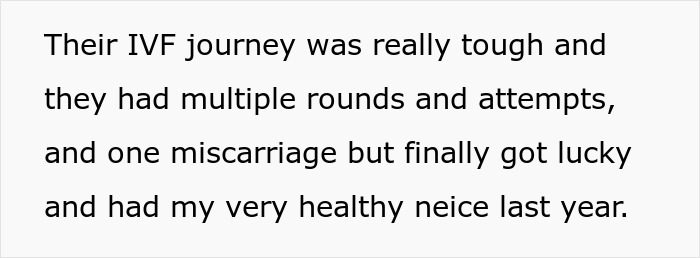 Text discussing a family's challenging IVF journey and eventual success with a healthy niece. Text discussing a family's challenging IVF journey and eventual success with a healthy niece.
