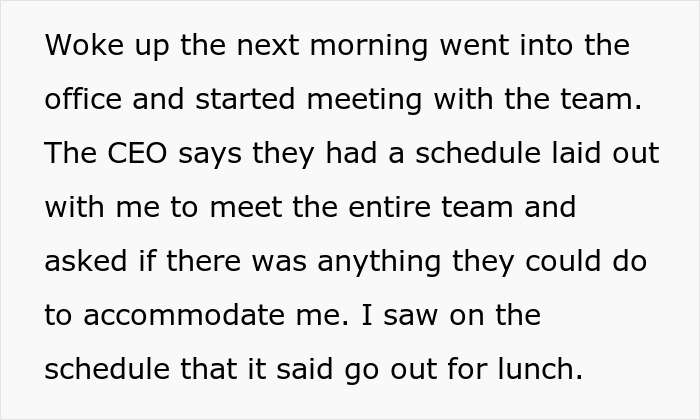 Text snippet about office meeting schedule, mentioning the CEO and a planned team lunch outside the office. Text snippet about office meeting schedule, mentioning the CEO and a planned team lunch outside the office.