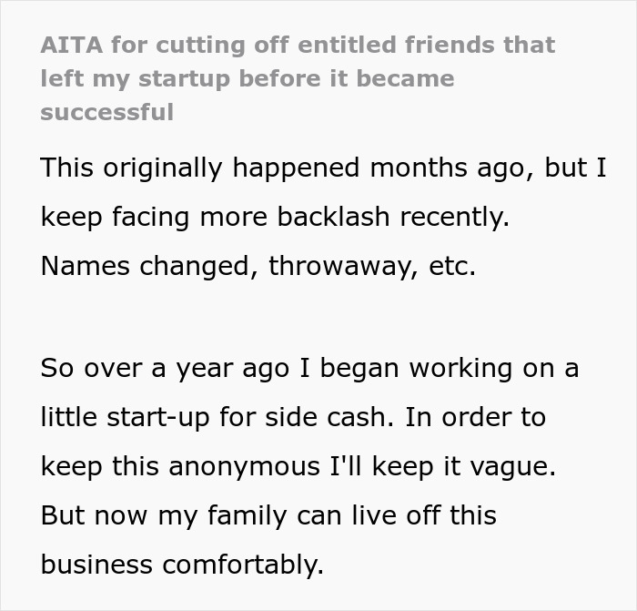 Text about friends backing out of a startup before it succeeded, now facing backlash. Text about friends backing out of a startup before it succeeded, now facing backlash.
