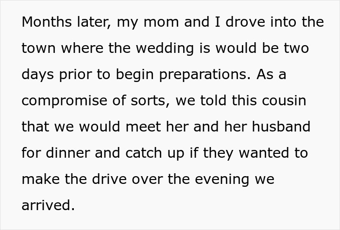 Text excerpt about wedding preparations and a cousin being invited for dinner. Text excerpt about wedding preparations and a cousin being invited for dinner.