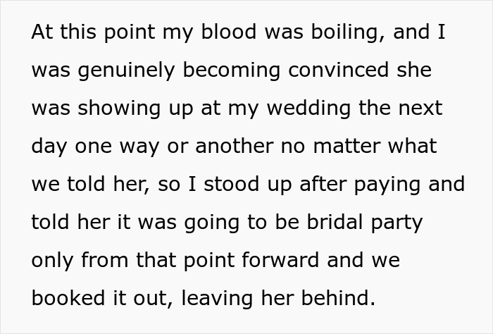Text describing a situation with a woman trying to attend a wedding rehearsal dinner. Text describing a situation with a woman trying to attend a wedding rehearsal dinner.