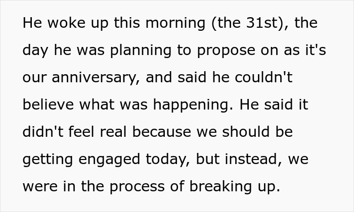 Text describing a missed ring proposal and engagement on an anniversary, leading to a breakup. Text describing a missed ring proposal and engagement on an anniversary, leading to a breakup.