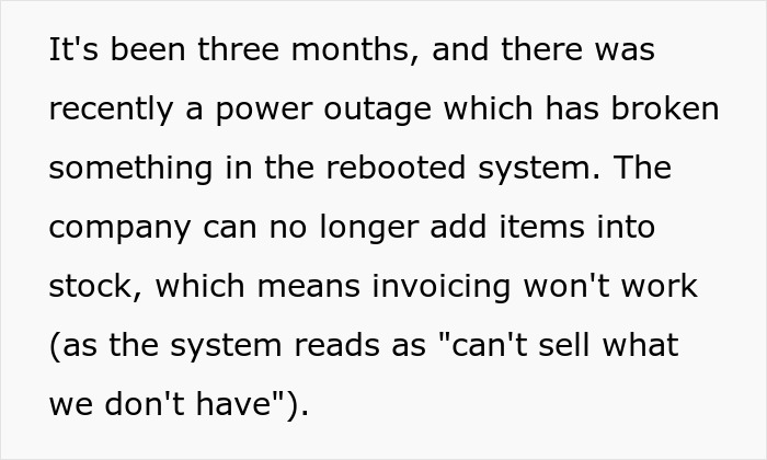 Text discussing chaos after software team removal, listing issues from power outage, including invoice failures and stock problems. Text discussing chaos after software team removal, listing issues from power outage, including invoice failures and stock problems.