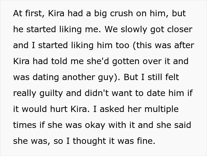 Text explaining a relationship dilemma involving feelings, guilt, and communication between friends. Text explaining a relationship dilemma involving feelings, guilt, and communication between friends.