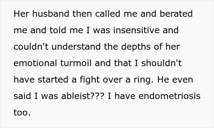 Text exchange discussing emotional turmoil related to a ring, mentioning insensitivity and endometriosis. Text exchange discussing emotional turmoil related to a ring, mentioning insensitivity and endometriosis.
