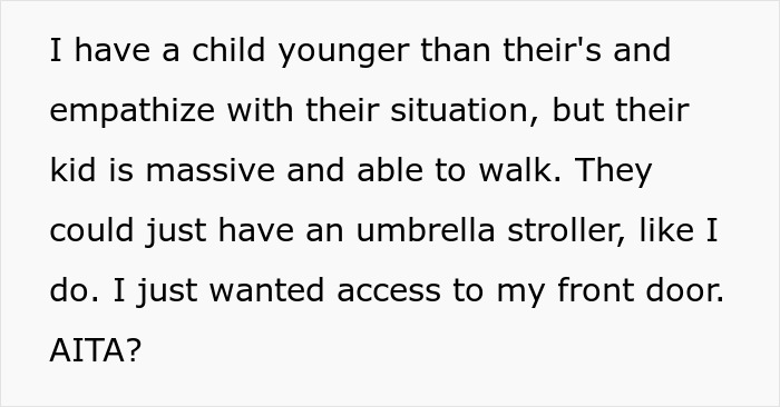 Text about a woman frustrated with neighbors blocking her door with a stroller. Text about a woman frustrated with neighbors blocking her door with a stroller.