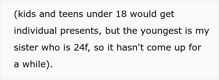 Text discussing family gift practices and age of youngest sibling at 24. Text discussing family gift practices and age of youngest sibling at 24.