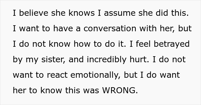 Text expressing hurt and betrayal by a sister's secret CPS call on family. Text expressing hurt and betrayal by a sister's secret CPS call on family.