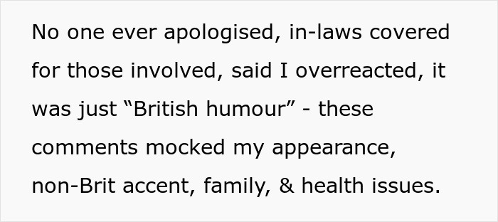Text discussing in-laws' mockery over appearance, accent, family, and health issues. Text discussing in-laws' mockery over appearance, accent, family, and health issues.