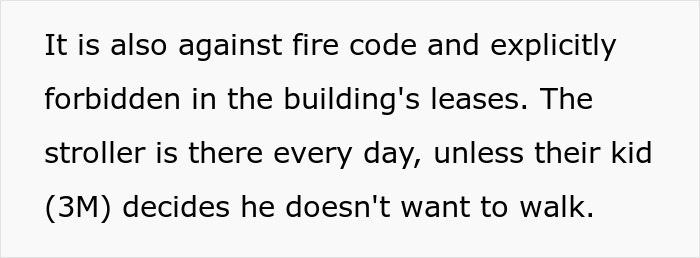 Text explaining fire code violation with blocked door due to neighbors' stroller. Text explaining fire code violation with blocked door due to neighbors' stroller.