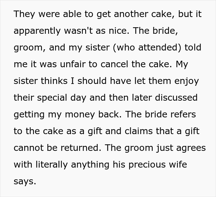 Text about a wedding cake cancellation incident involving a bride and her ex-best friend's actions. Text about a wedding cake cancellation incident involving a bride and her ex-best friend's actions.