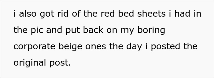 Text about changing red bed sheets to beige ones, related to an online user's joke about stains. Text about changing red bed sheets to beige ones, related to an online user's joke about stains.