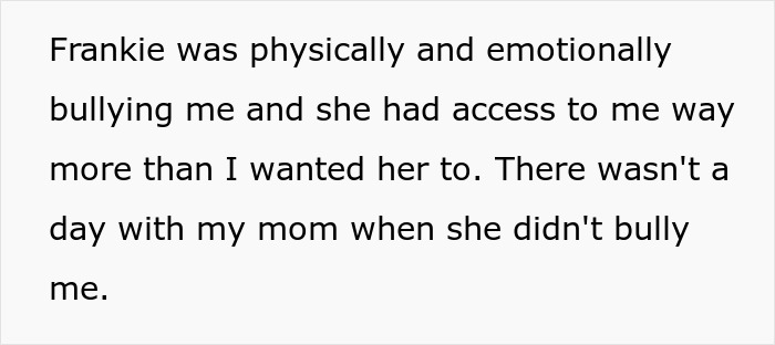 Text describing teen's experience of bullying by mom’s stepkid, expressing emotional and physical distress. Text describing teen's experience of bullying by mom’s stepkid, expressing emotional and physical distress.