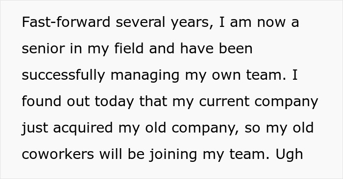 Text box about a woman managing a team, her company acquiring her old company, and old coworkers joining her team. Text box about a woman managing a team, her company acquiring her old company, and old coworkers joining her team.