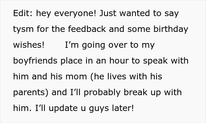 Text message about birthday feedback and potential breakup with boyfriend over special perfume. Text message about birthday feedback and potential breakup with boyfriend over special perfume.