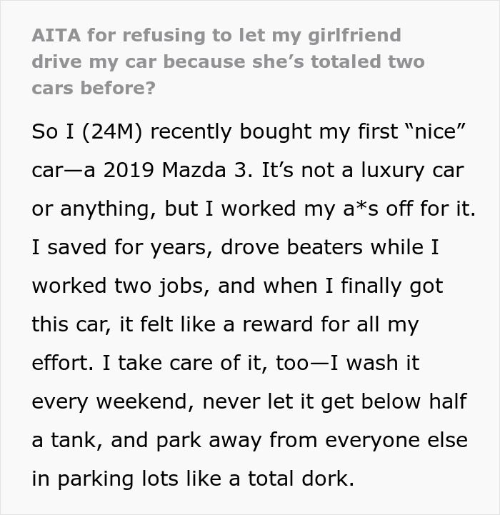 Man Sets Boundaries For His New Car After Girlfriend Totals Two Cars, Faces Backlash Man Sets Boundaries For His New Car After Girlfriend Totals Two Cars, Faces Backlash