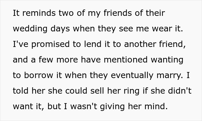 Text about a woman discussing her friends’ interest in borrowing a family heirloom ring. Text about a woman discussing her friends’ interest in borrowing a family heirloom ring.