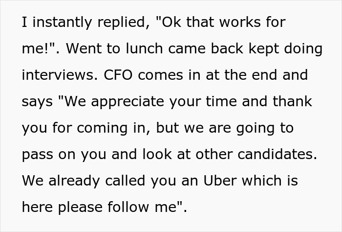 Text exchange about company rejecting candidate for preferring to eat lunch in the office. Text exchange about company rejecting candidate for preferring to eat lunch in the office.
