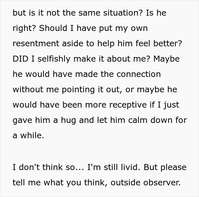 Text questioning fairness and reflecting on relationship dynamics regarding privacy and resentment. Text questioning fairness and reflecting on relationship dynamics regarding privacy and resentment.