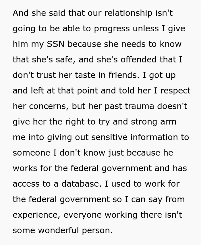 Text describing a girlfriend requesting her boyfriend's social security number for a background check. Text describing a girlfriend requesting her boyfriend's social security number for a background check.