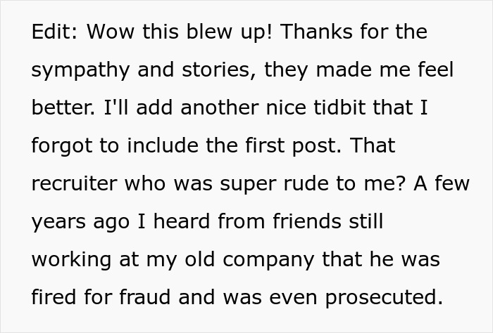 Text recounting a woman's experience with a rude recruiter and his later prosecution. Text recounting a woman's experience with a rude recruiter and his later prosecution.