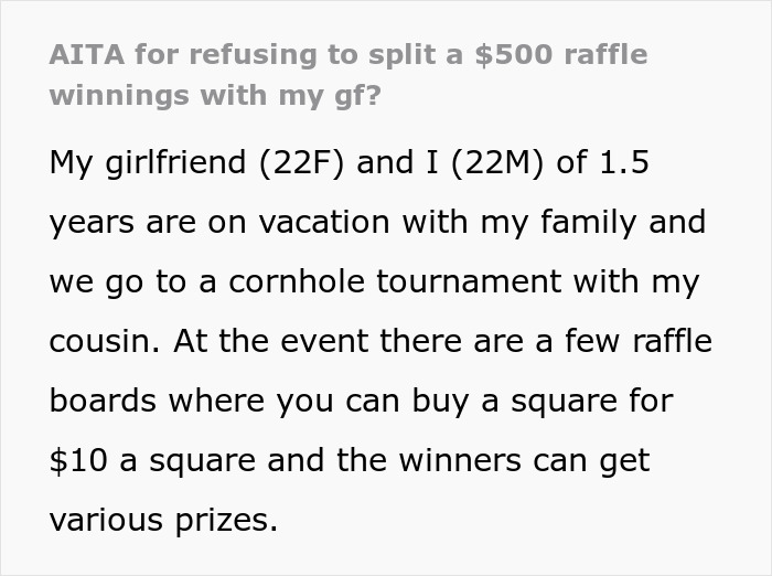 Text discussing raffle winnings and relationship disagreement. Text discussing raffle winnings and relationship disagreement.
