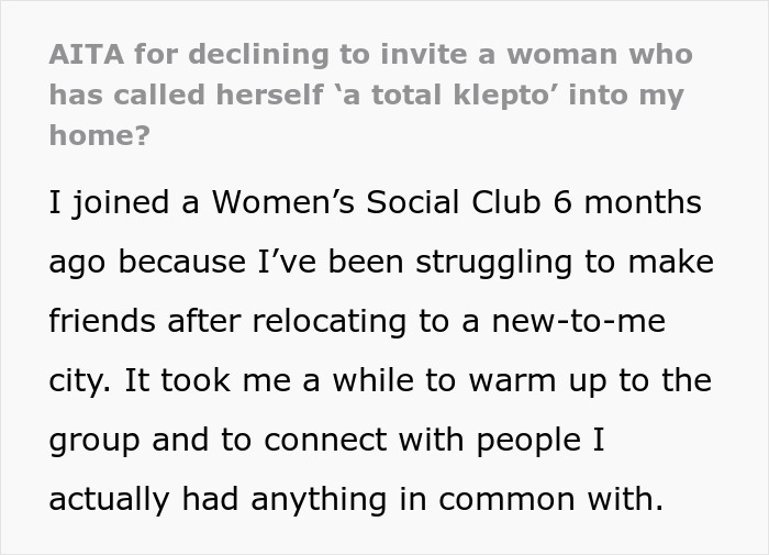 Text about a woman reluctant to invite a kleptomaniac into her home due to social club dynamics. Text about a woman reluctant to invite a kleptomaniac into her home due to social club dynamics.