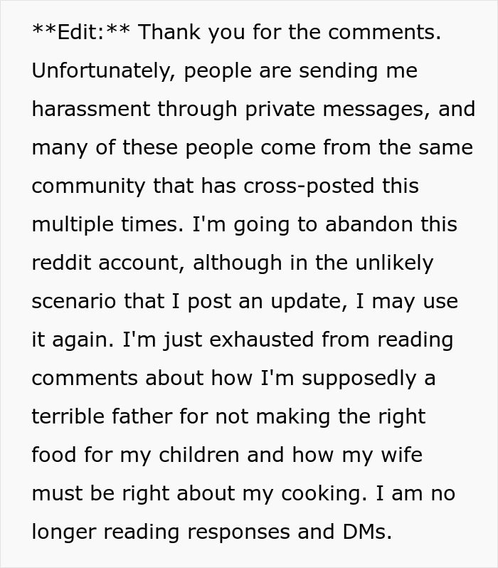 Text describing deletion of a Reddit account due to harassment, mentions husband-wife cooking drama. Text describing deletion of a Reddit account due to harassment, mentions husband-wife cooking drama.