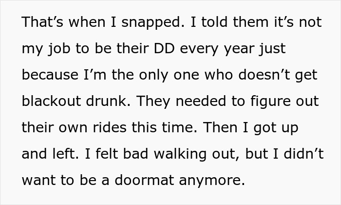 Text image about family New Year's Eve drama, expressing frustration over being the designated driver. Text image about family New Year's Eve drama, expressing frustration over being the designated driver.