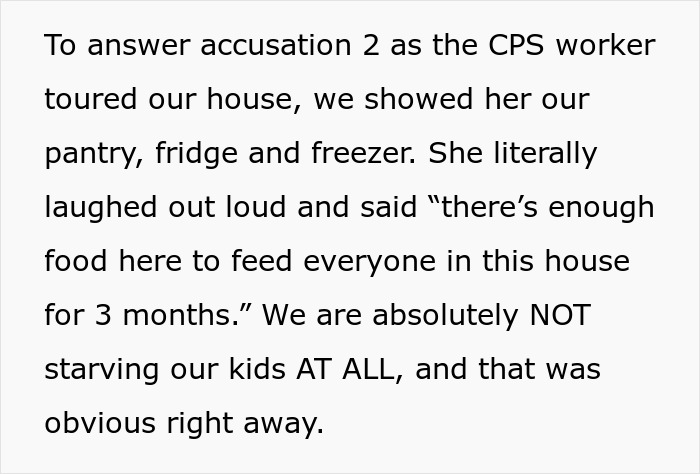 Text discussing an accusation involving a CPS worker visiting a home, finding ample food supply. Text discussing an accusation involving a CPS worker visiting a home, finding ample food supply.