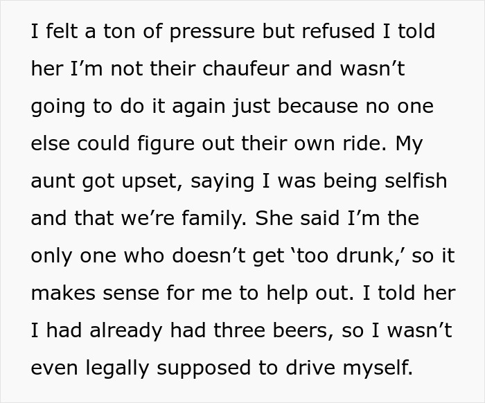 A text block expressing family New Year's Eve drama about driving responsibilities and tension. A text block expressing family New Year's Eve drama about driving responsibilities and tension.