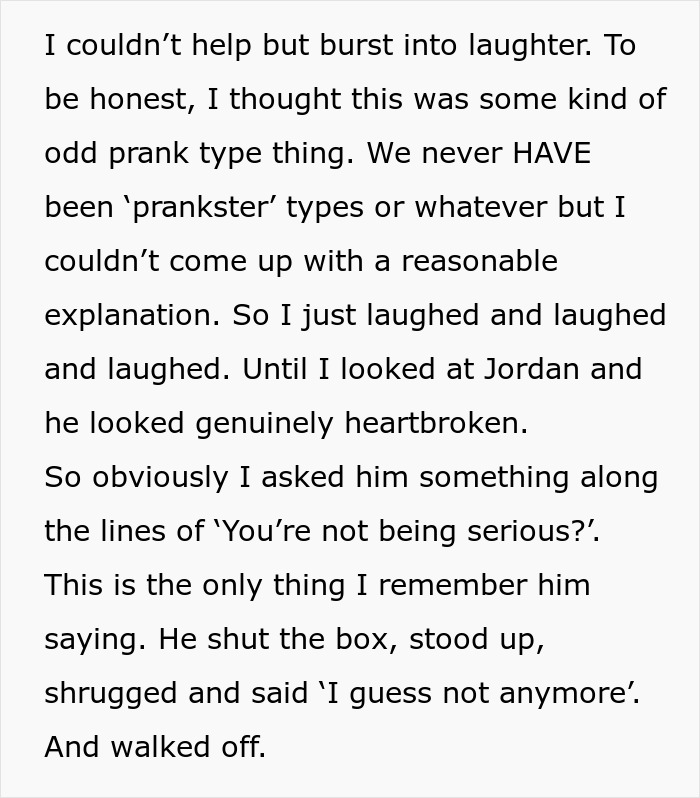 Text describing an emotional proposal with unexpected laughter, ending in rejection and heartbreak. Text describing an emotional proposal with unexpected laughter, ending in rejection and heartbreak.