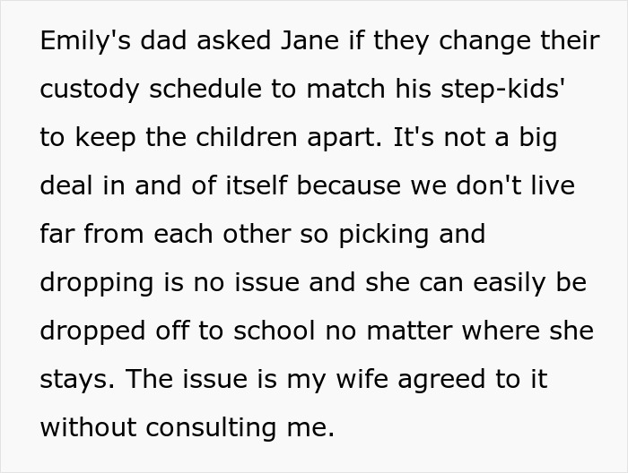 Text conversation about custody schedule change without consulting husband. Issue with wife's decision. Text conversation about custody schedule change without consulting husband. Issue with wife's decision.
