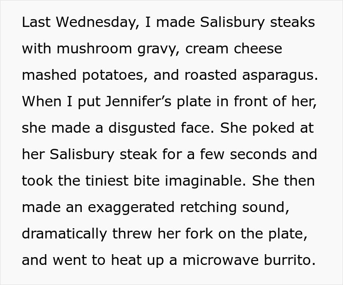 Displeased wife reacting to husband's cooking, creating a kitchen drama with Salisbury steak and mashed potatoes. Displeased wife reacting to husband's cooking, creating a kitchen drama with Salisbury steak and mashed potatoes.