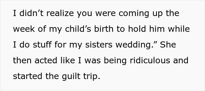 Text excerpt discussing mom guilt over helping with sister's wedding post-delivery. Text excerpt discussing mom guilt over helping with sister's wedding post-delivery.