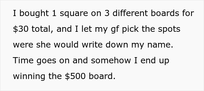 Text discussing a $500 raffle win and decision not to split the winnings with girlfriend. Text discussing a $500 raffle win and decision not to split the winnings with girlfriend.
